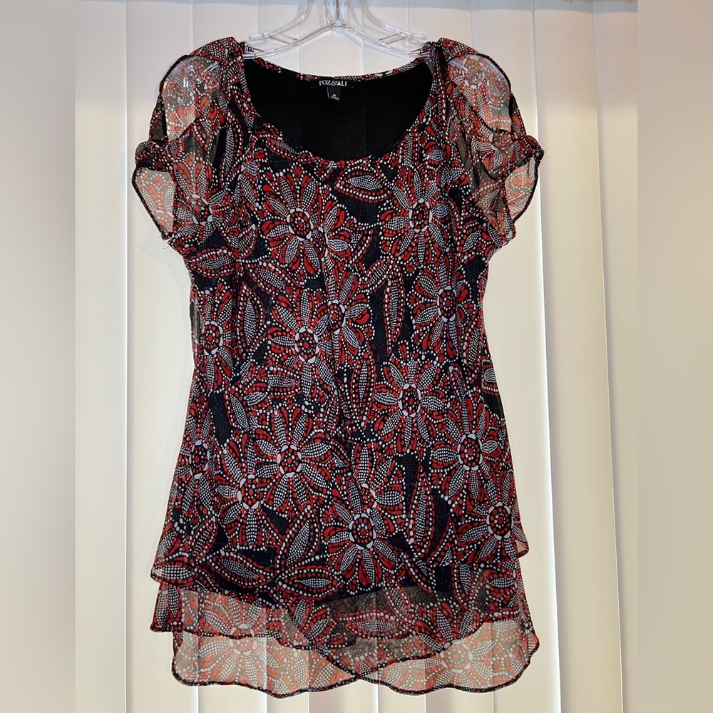 Roz & Ali Black and Red Ruffled Tiered Blouse